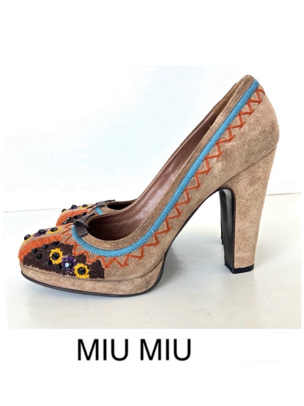 MIU MIU Vintg Taupe Suede Multicolor Embroidery Beaded Platform Pump Heels Sz 39